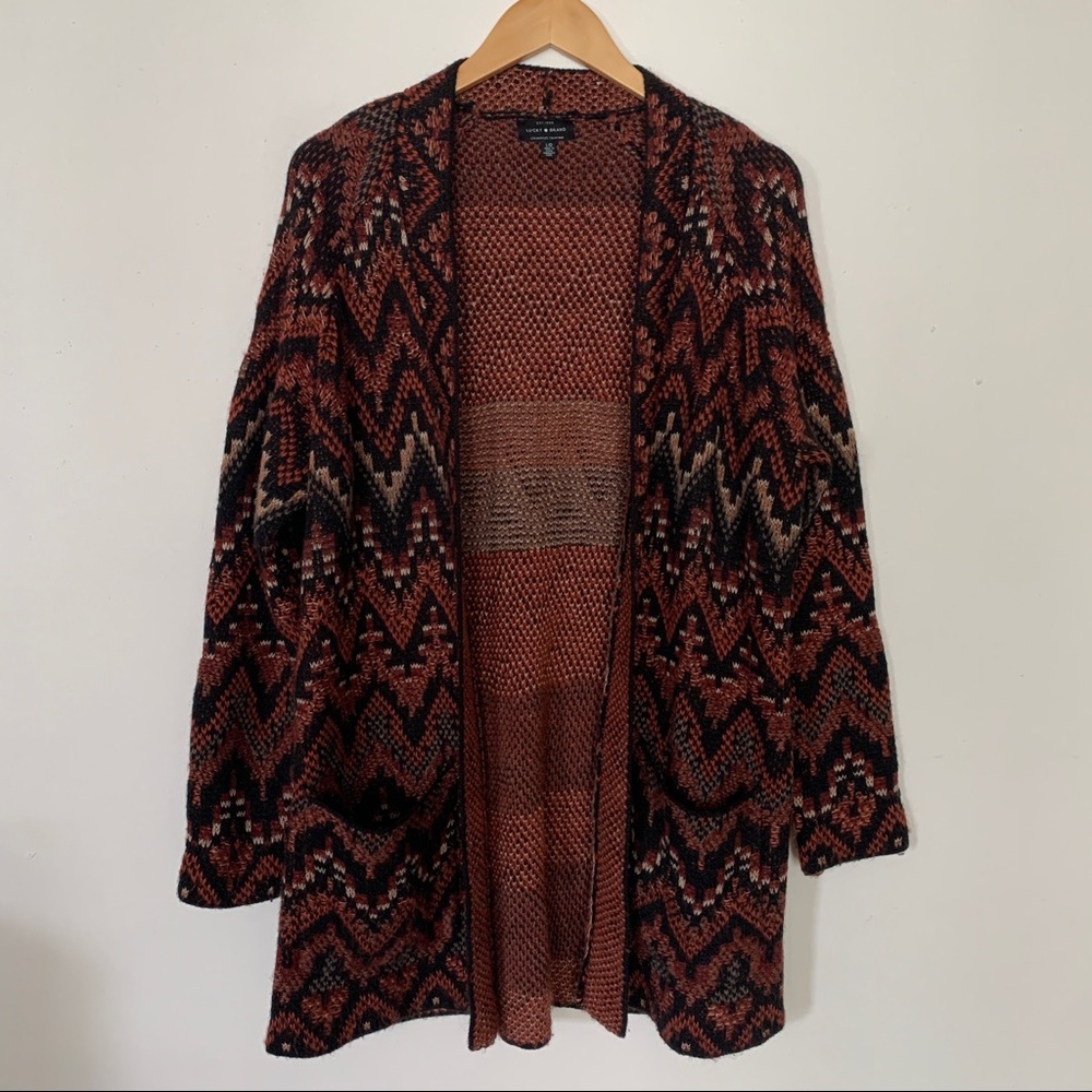 Lucky Brand Long Ikat Open Front Cardigan, L